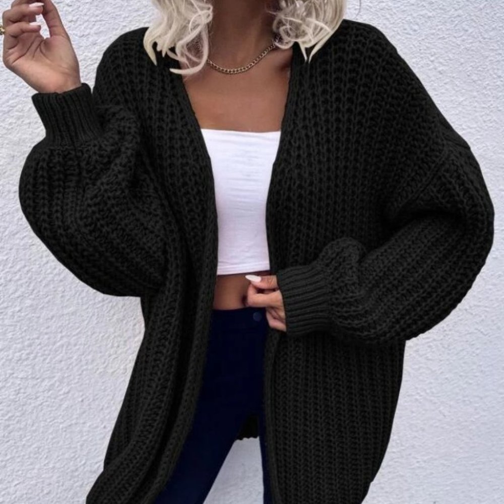 black Chunky Knit Open front comfy cozy sweater Cardigan - Picture 10 of 10